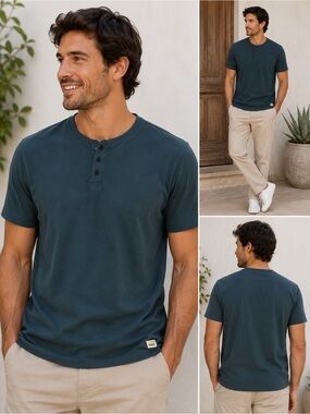 Vuori Men's Dark Teal Henley Shirt - Classic Short Sleeve XXL